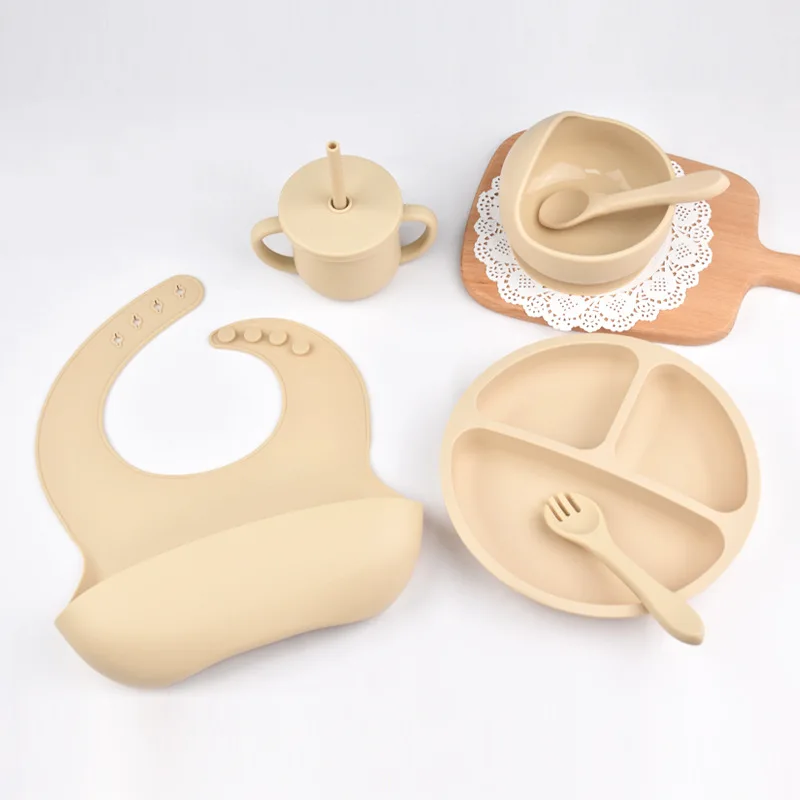 6 Stuks Siliconen Servies Set Baby Voeding Waterdichte Slabbetje Bord Kom Lepel Vork Stro-Cup Kinderen Groei Cadeau Voor Jongen Meisje