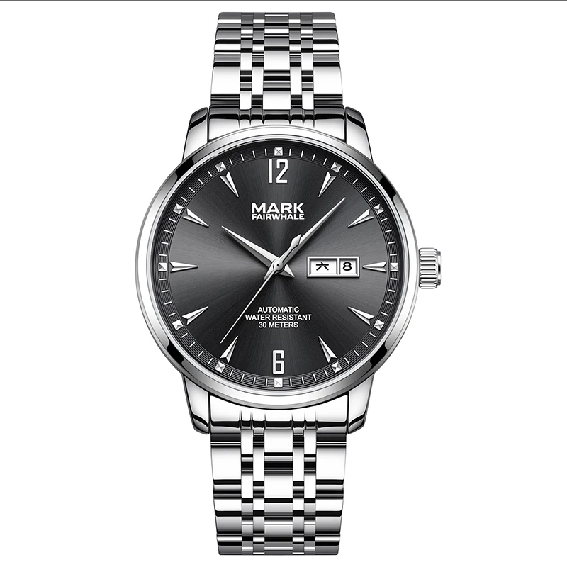 Men's Mechanical Watch Simple Dual Calendar Day Display Flat Top Conical Crown Transparent Case Back  Water Resistance44mm  Dial