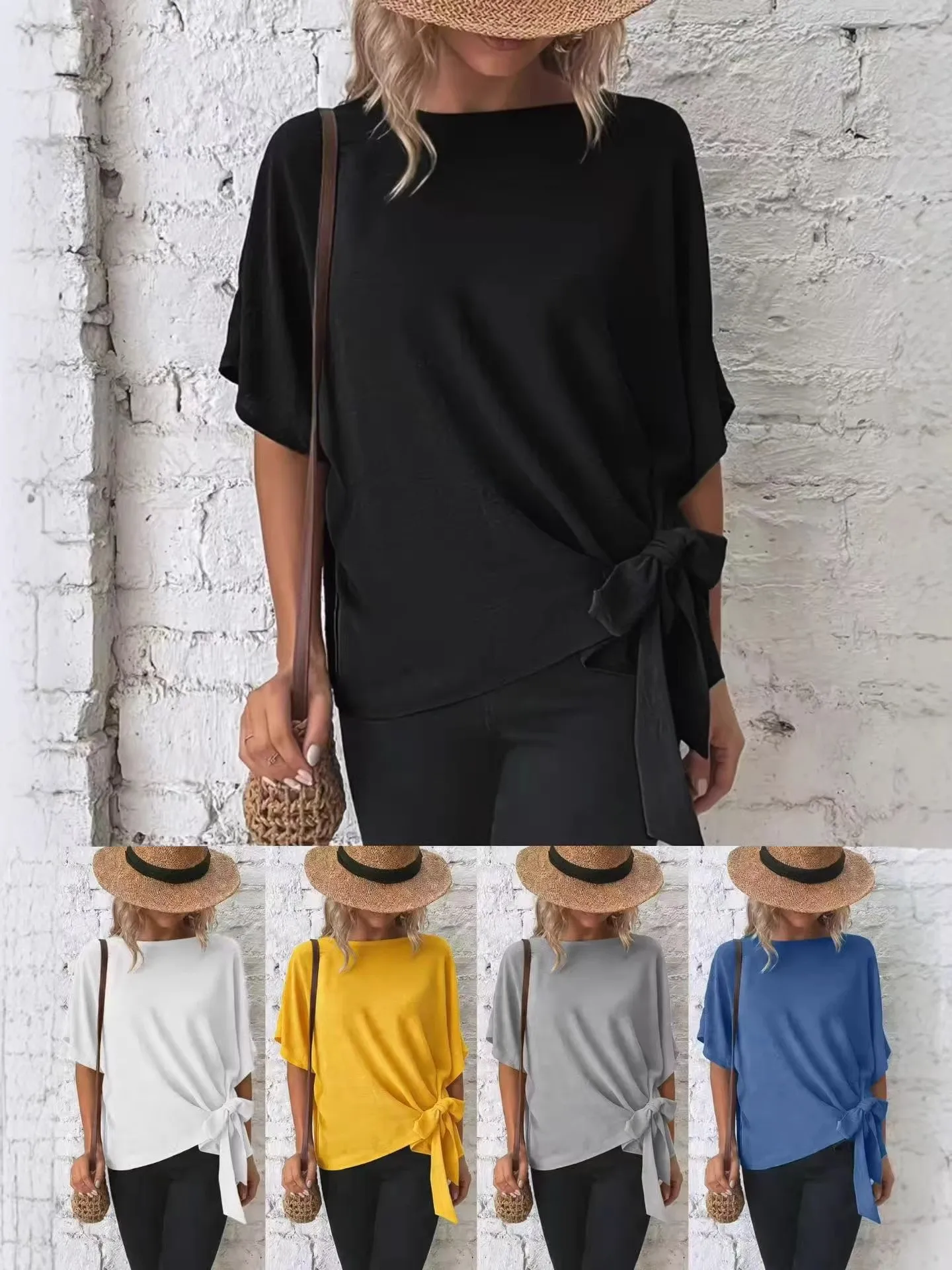 

Летняя женская одежда: однотонная футболка с рукавами «летучая мышь», свободного кроя, с завязками по низу, элегантный топ для женщин, повседневная одежда из полиэстера.