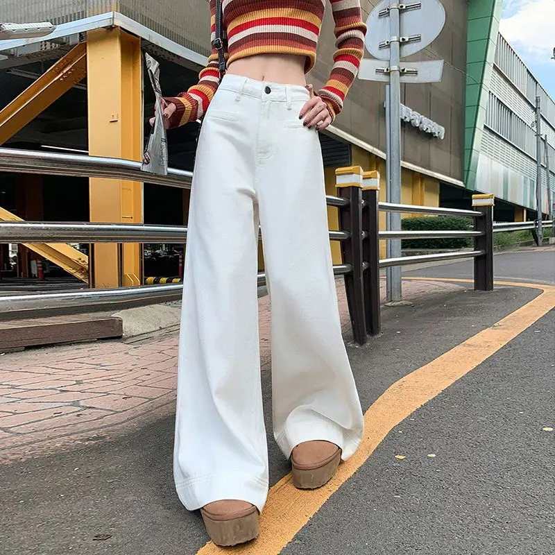 

White High-Waisted Wide-Leg Jeans for Women, Loose Fit, Slimming, Height-Enhancing, Bootcut, Casual, Floor-Length Flared Pants