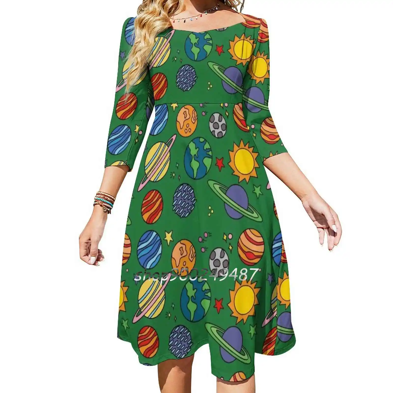 Planet Print | Space | Earth | Astronomy | Science | Green Sweet Elegant Dress Women Korean Kawaii Square Collar Dress Cute