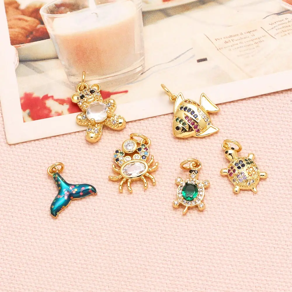 OCESRIO Rainbow Crystal Turtle Charms for Bracelet Copper Gold Plated Whale Tail Cute Bear Fish jewelry Making Supplis chma292