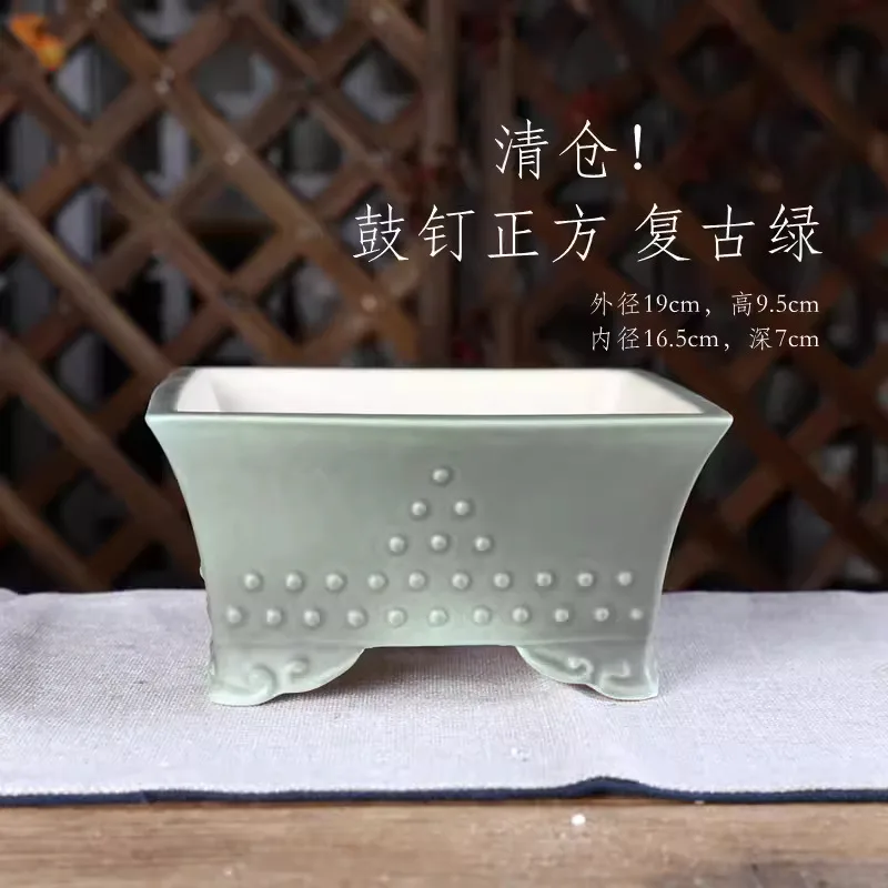 Porcelain Green Square Bonsai Pot, Chinese Pattern, Room, Home Table, Desk, Garden Decoration