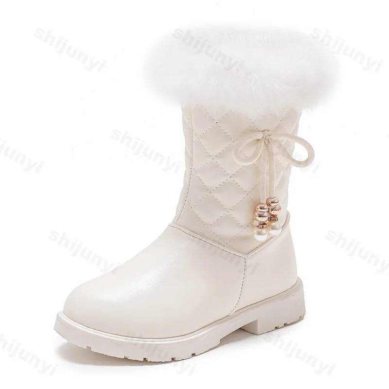 Winter Solid Color Children Fashion Mid-calf Boots PU Leather Side Zip Girls Cotton Shoes Plush Warm Anti Slip Kids Snow Boots