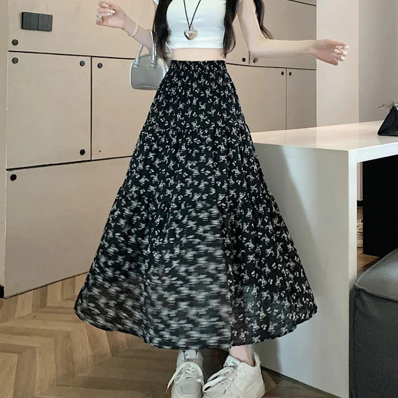 Korean Fashion Floral Print Skirt Women Summer New Elegant Black Long Skirt Female Retro A-line Drap Beach Holdiay Faldas Mujer