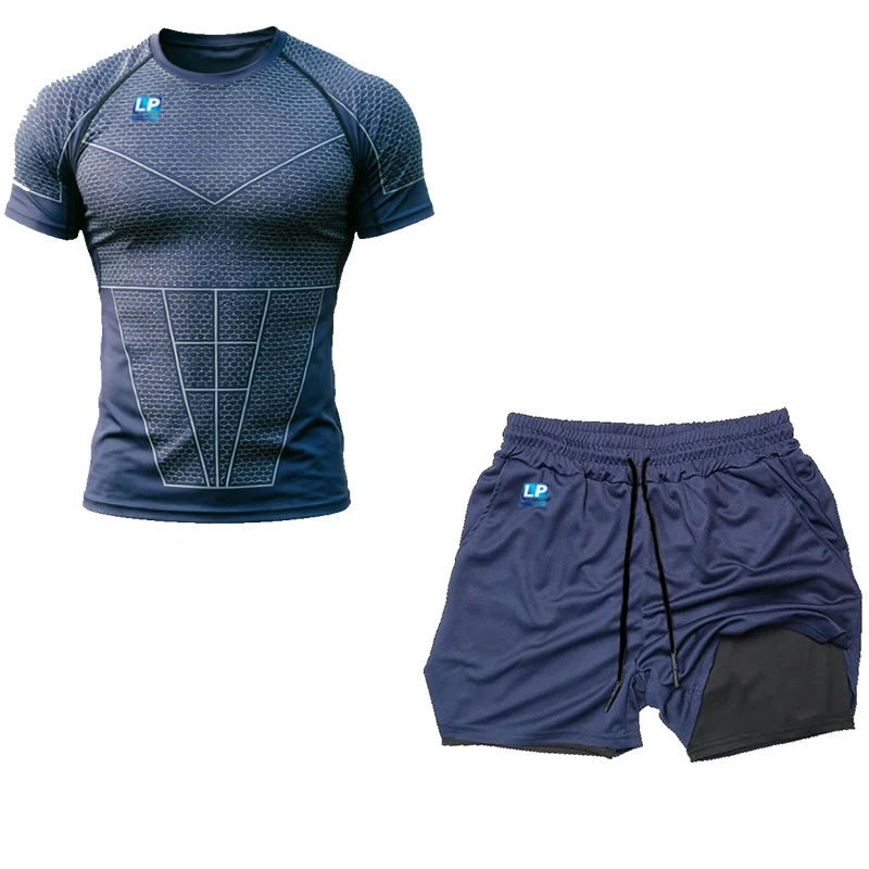 LP SUPPORT Men's Summer Slim-Fitting Fitness T-Shirt Set, with icy texture and quick-drying properties, suitable for running and