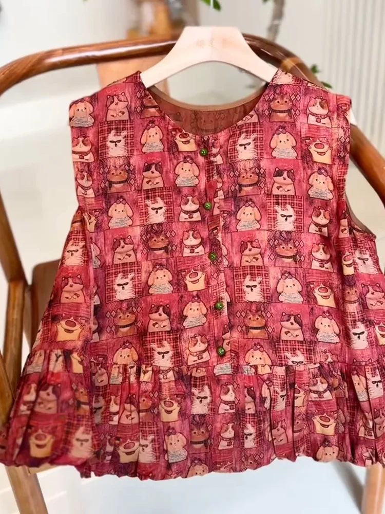 

Новая женская жилетка в китайском стиле, лето 2025, новая модная модель, большие размеры, утягивающий топ, с мультяшным принтом, удобная повседневная верхняя одежда