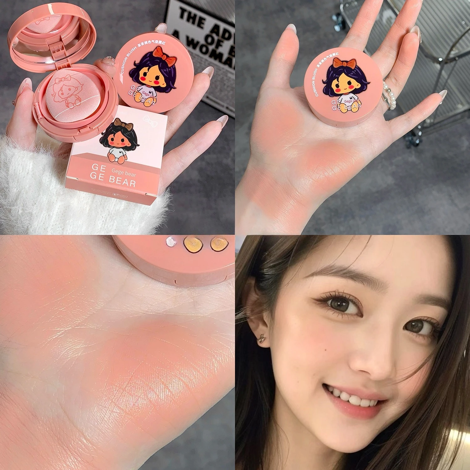 Cushion Blush with Puff Matte Nude Finish Brightening Long Wearing Natural Soft Lightweight Portable for School Girls