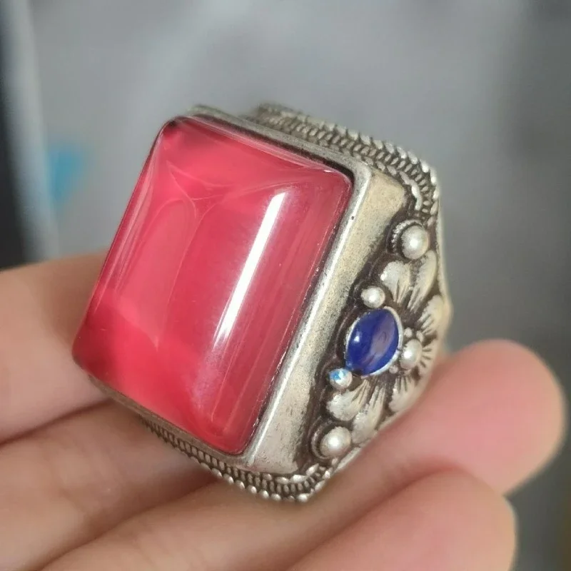 Vintage Collectible Unisex Thumb Ring,Antique Color‑Changing Ruby Inlaid Retro Curio Ring,Good Condition,Real Shot
