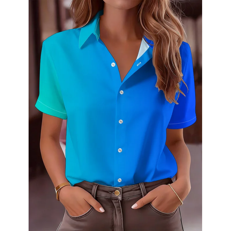 Women's Casual Short Sleeve Button Up Shirt Collar Full Body Ombre Gradient Print Spring Summer Office Semi Formal Wear Machine