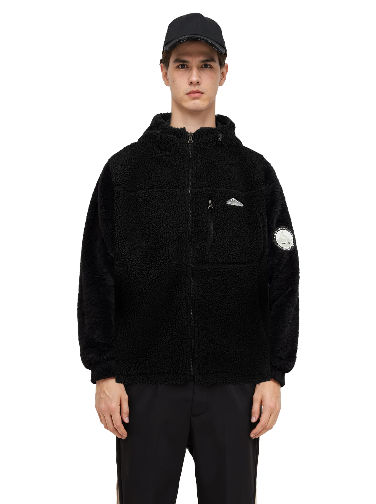 

Men's Lamb Fleece Hooded Jacket With Mountain Patch, Full Zip, Drawstring Hood, Thickened Warm For Autumn&Winter Outdoor Wear