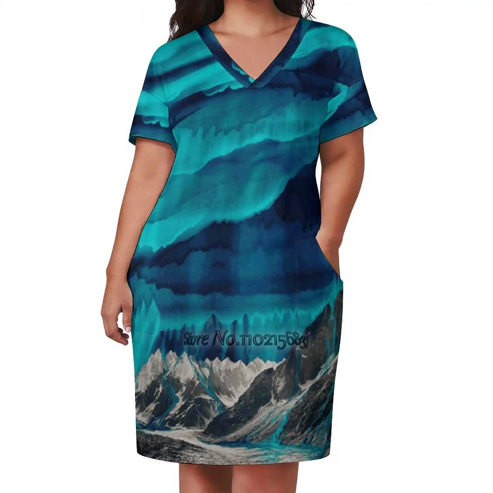 Skyfall Melting Blue Mountain Clouds Fashion Street Dress Loose V-Neck Short Sleeve Skirt Casual Party Skirt 5Xl Landscape