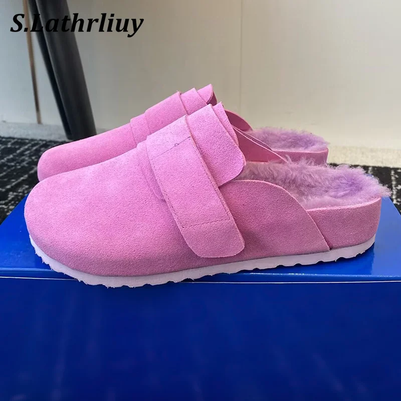 

2024 Autumn Winter Closed Toed Half Slippers Women's Real Wool Lining Casual Shoes Flat Thick Bottom Non-slip Lazy Mules Shoes