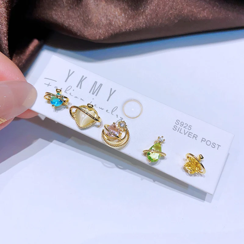 MIGGA 5pcs/Set Cubic Zircon Heart Star Saturn Stud Earrings Original Women Gold Color Plated Jewelry