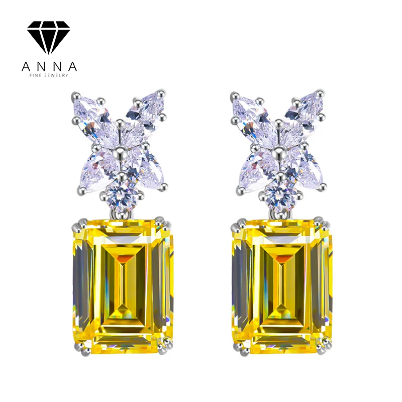 

Luxury 7 Carat Yellow 5A Zircon Diamond Solid S925 Sterling Silver Ear Stud Female Wedding Fine Jewelry for Women Dinner Party