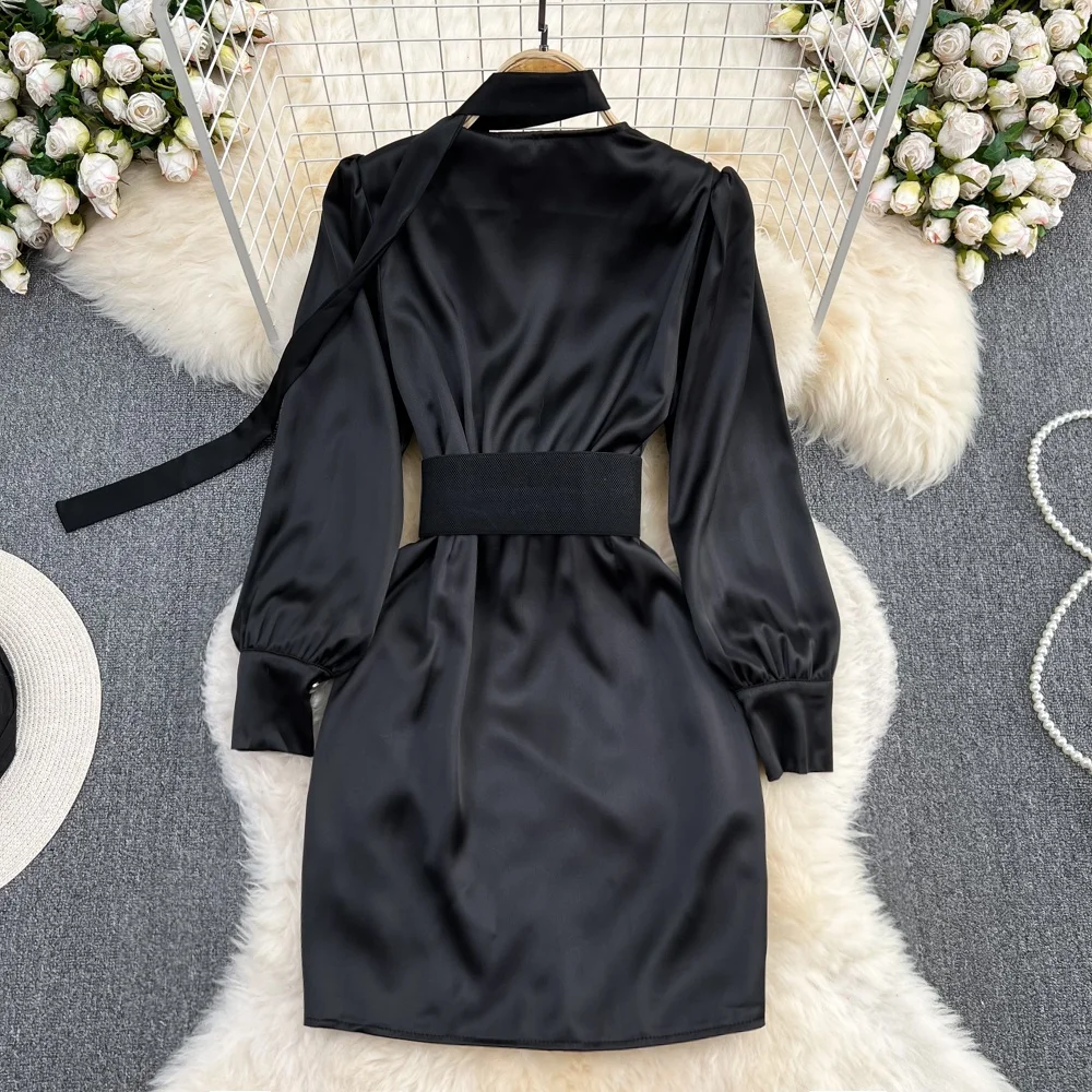 Autunno Hepburn Sle Acetato Raso Bla V-ne Bubble Long Sve Dimagrante Avvolgente a pieghe Aderente Dr Coreano Sle Vita alta...