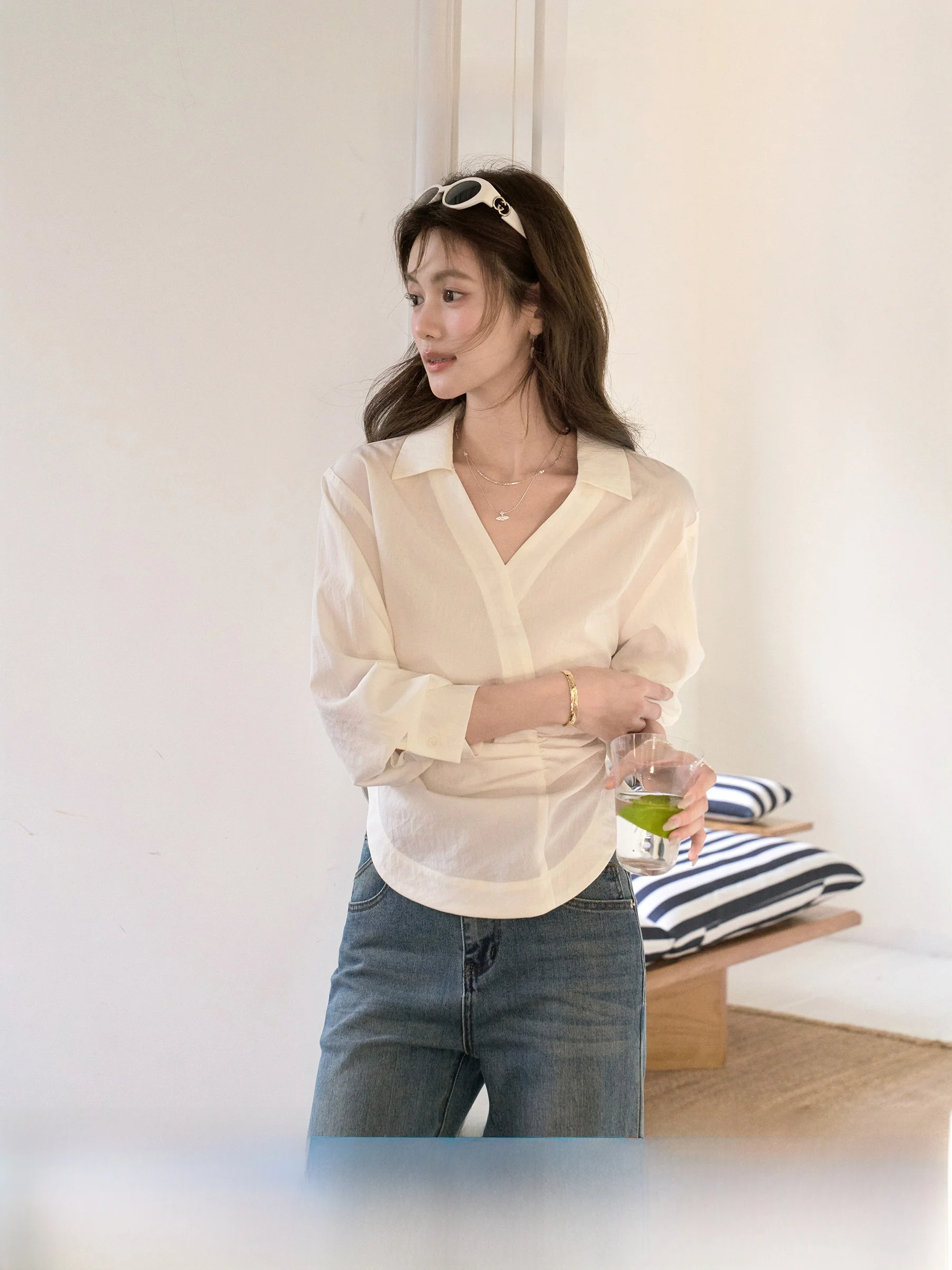 

Long Sve V-Ne Women's irt Irregular Slant Lapel Waist-Cinching Early Spring Outerwear Small Top by Wang Xue