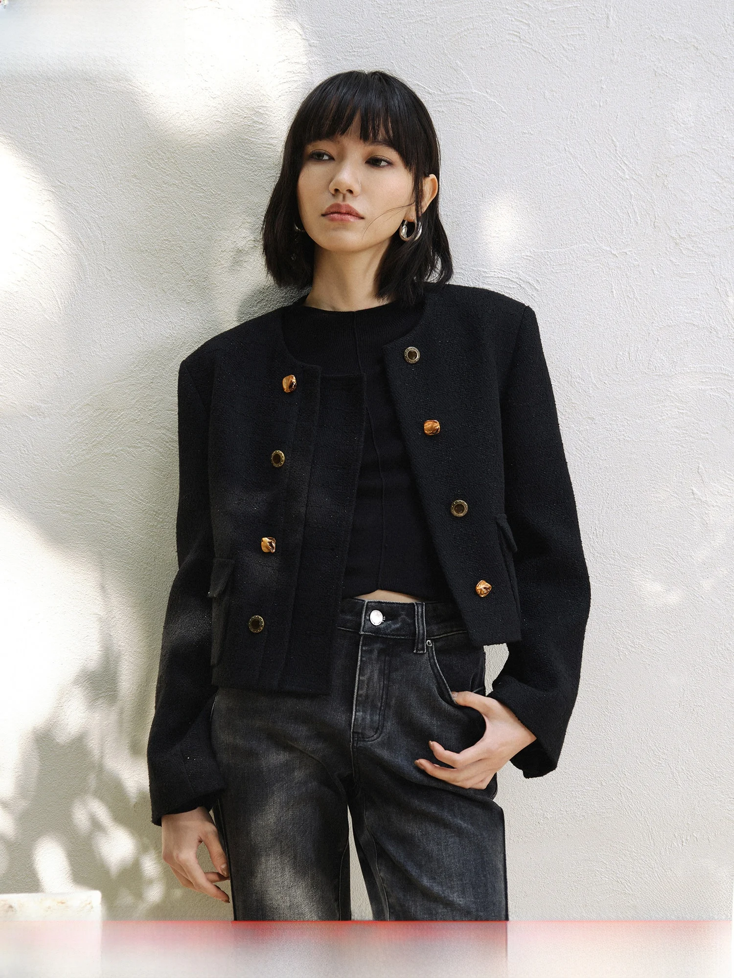 

Ele ort Outerwear Women's round Ne Luxury Feel Spring New Sle High Quali Polyester Fiber Long Sve Stand Fit