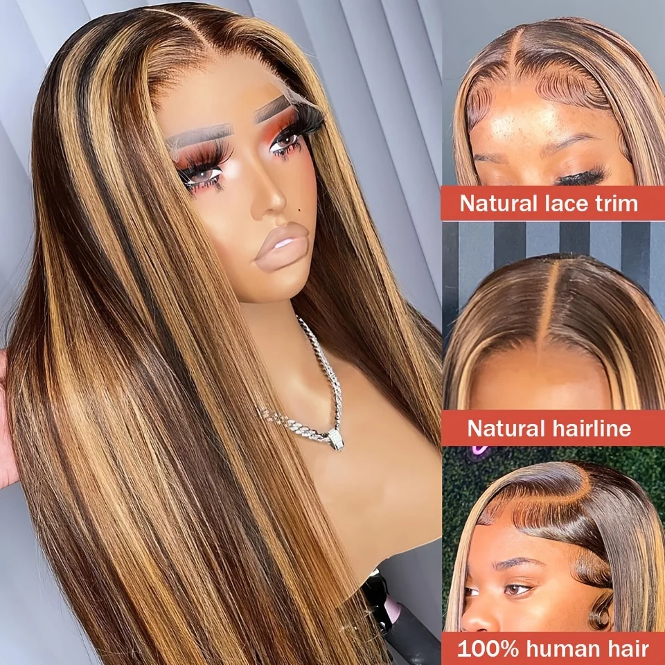 200% Density 13X6 13X4 Highlight Ombre Lace Front Wig 4/27 Honey Blonde Human Hair Bone Straight Lace Frontal Wigs For Women