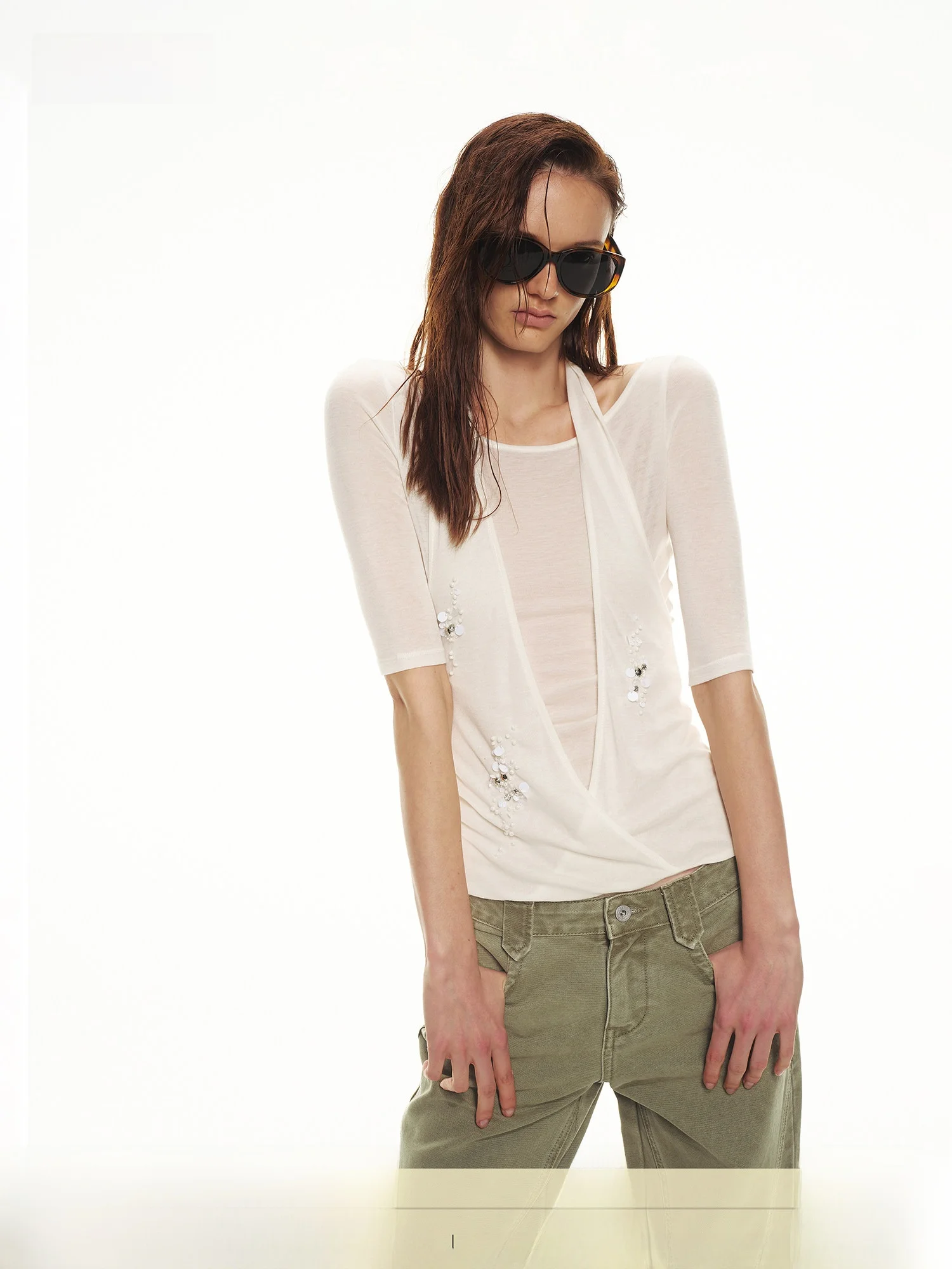 Handmade  Wool Fashion Heavy Beading Neck Hanging Sleeveless Slim Fit Top Casual Style Fake Two-Piece Summer Women's T-...
