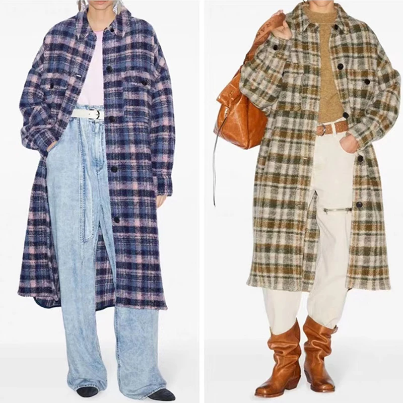 

Autumn Winter New Fashion Contrast Color Plaid Wool Blended Coat Women Vintage Lapel Long Woolen Overcoat Ladies 2024