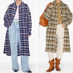 Autumn Winter New Fashion Contrast Color Plaid Wool Blended Coat Women Vintage Lapel Long Woolen Overcoat Ladies 2024