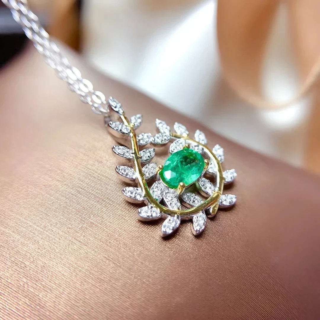 Natural Emerald Gemstone Olive Branch Pendant Necklace Real 925 Pure Silver Green Stone Fine Wedding Jewelry for Women