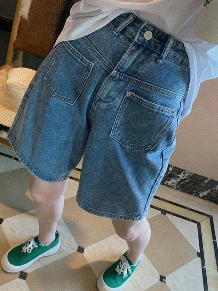 

New Women's Fashion Double Pocket Denim Shorts Korean Retro Casual Design High Waist Women Blue Wide Leg Split Middle Pants