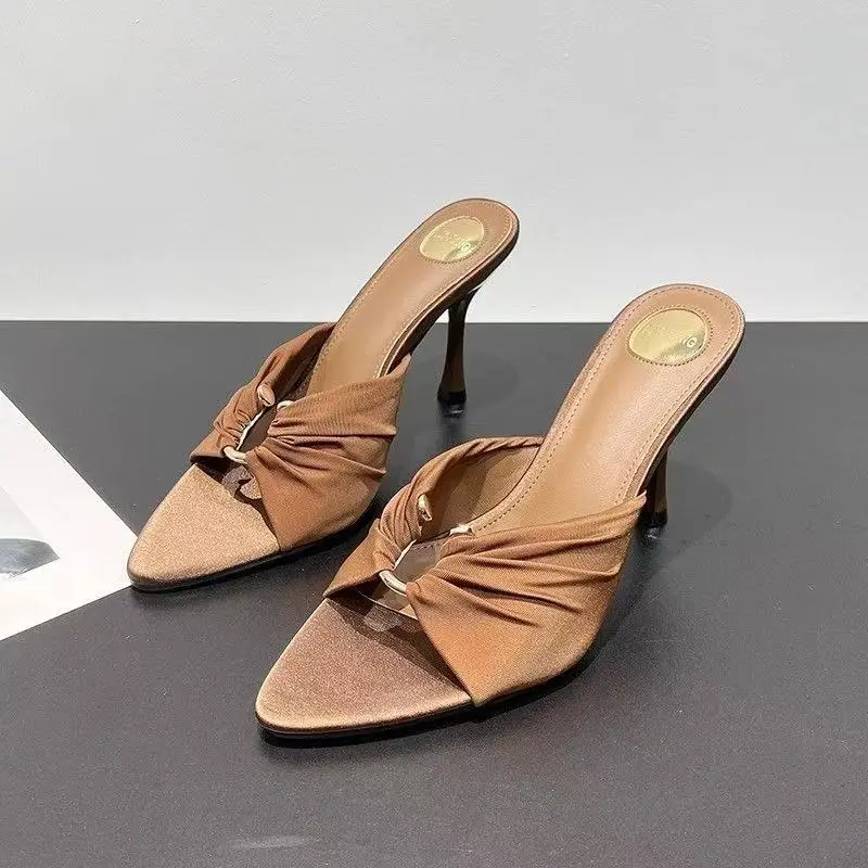 Summer New High Heels Unique Design Thin Heel Folded Metal Buckle Pointed Toe Open Toe Slippers Hepburn Style Korean Fashion