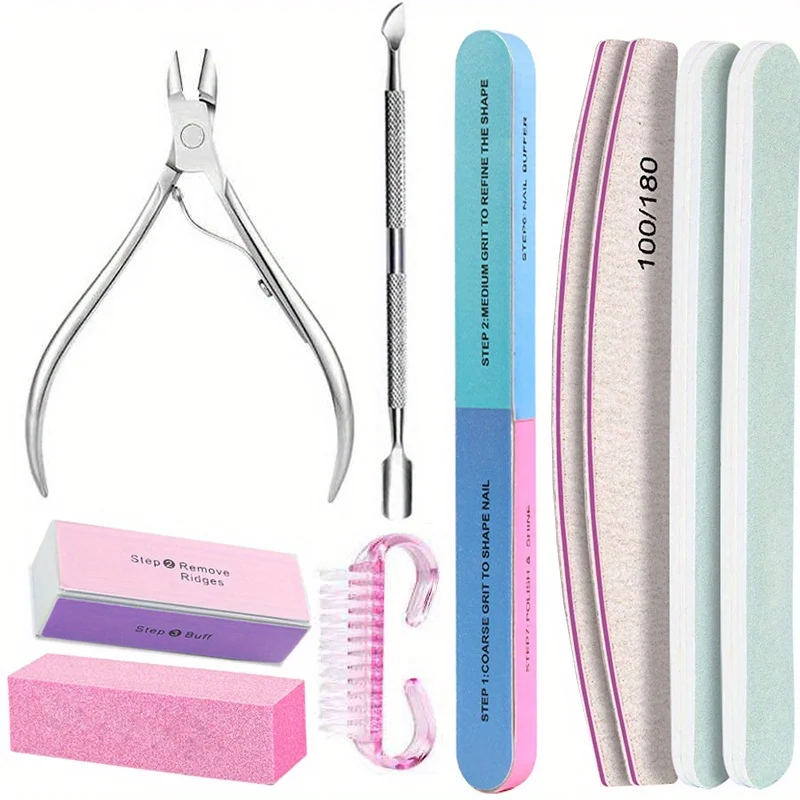 10 Stück/Set Nagelpflege-Set mit 100/180 Körnung Professionelle Feilen, Buffer-Schwammblock, Bürste, Nagelschere und Nagelhautzange – Detail 6