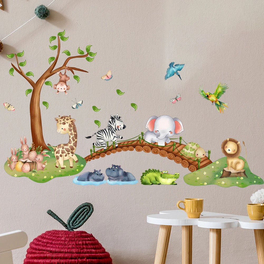 Autocollant mural imperméable en PVC, Animal de dessin animé, éléphant, zèbre, girafe, pont, décoration de maison pour chambre d'enfant, maternelle