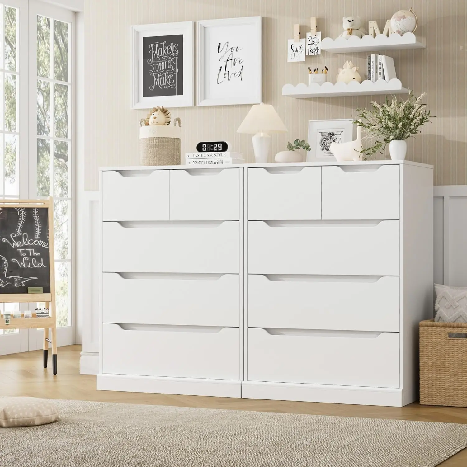 Modern 5-lade dressoir voor slaapkamer, ladekast met opbergruimte, houten opbergkistorganizers met uitgesneden handgrepen,