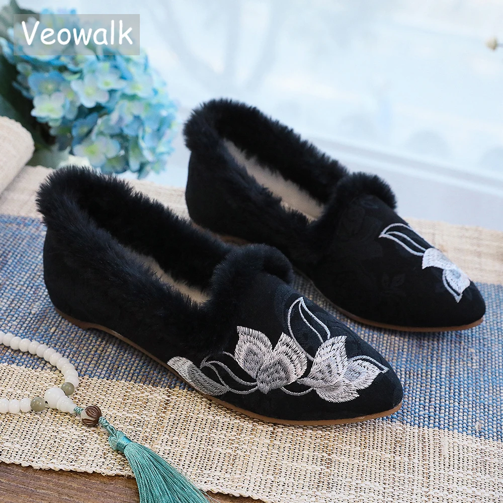 Veowalk Winter Women Jacquard Cotton Pointed Toe Flat Shoes Plush Lining Retro Ladies Casual Comfort Warm Low Top Slip-on Flats