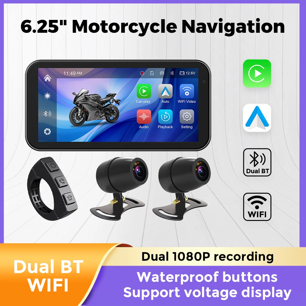 6.25inch Motorcycle GPS Navigation Linux System Wireless CarPlay Moto Android Auto USB IPX7 Waterproof Dual BT Dual CAM Recorder