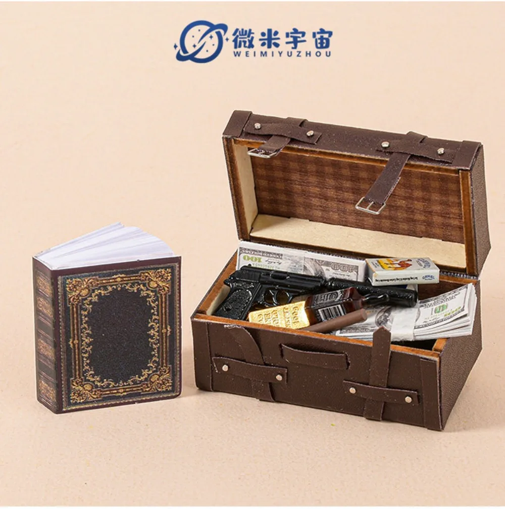 

1:12 Scale Miniature Vintage Suitcase Book Set, Old Pistol Money Prop for Dollhouse Diorama Retro Scene Decor Collectors