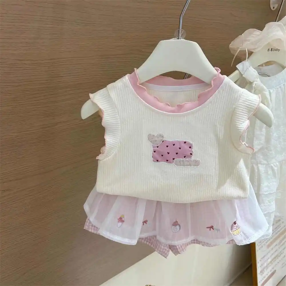 

Girls' Shorts Set Summer Children's Casual O-neck Sleeveless Top Thin Style Tank Top Mesh Splicing Plaid Shorts 2Pieces Suit