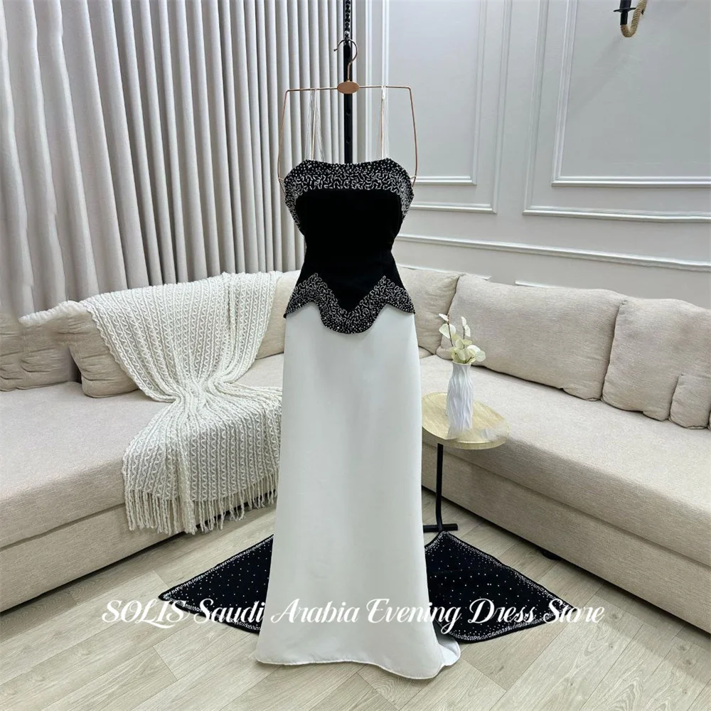 SOLIS Black and White Prom Dresses Strapless Evening Dresses Sleeveless Party Dresses with Train vestidos de fiesta Customized