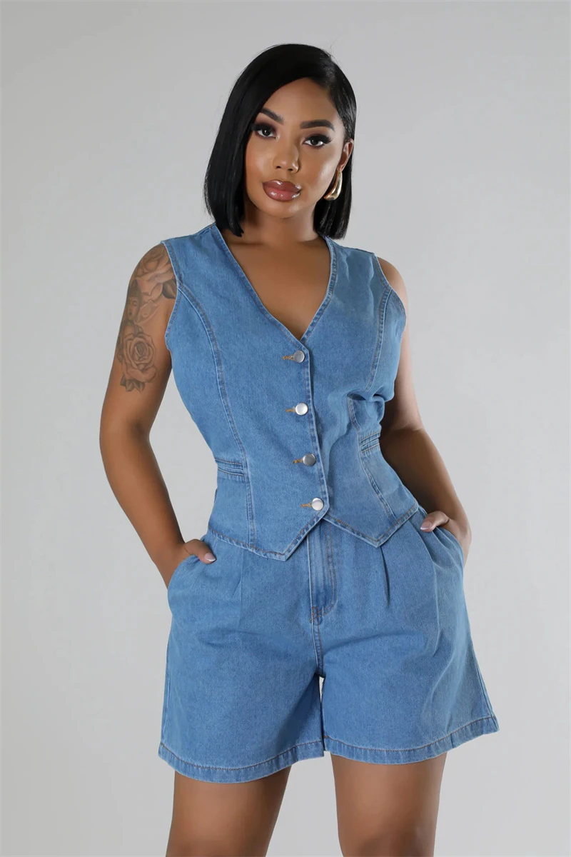 

Denim Short Sets Women Two Piece Set Summer Clothes Women 2024 Sleeveless Jean Jacket Top Shorts Sets 2 Piece Sets Women Outfits