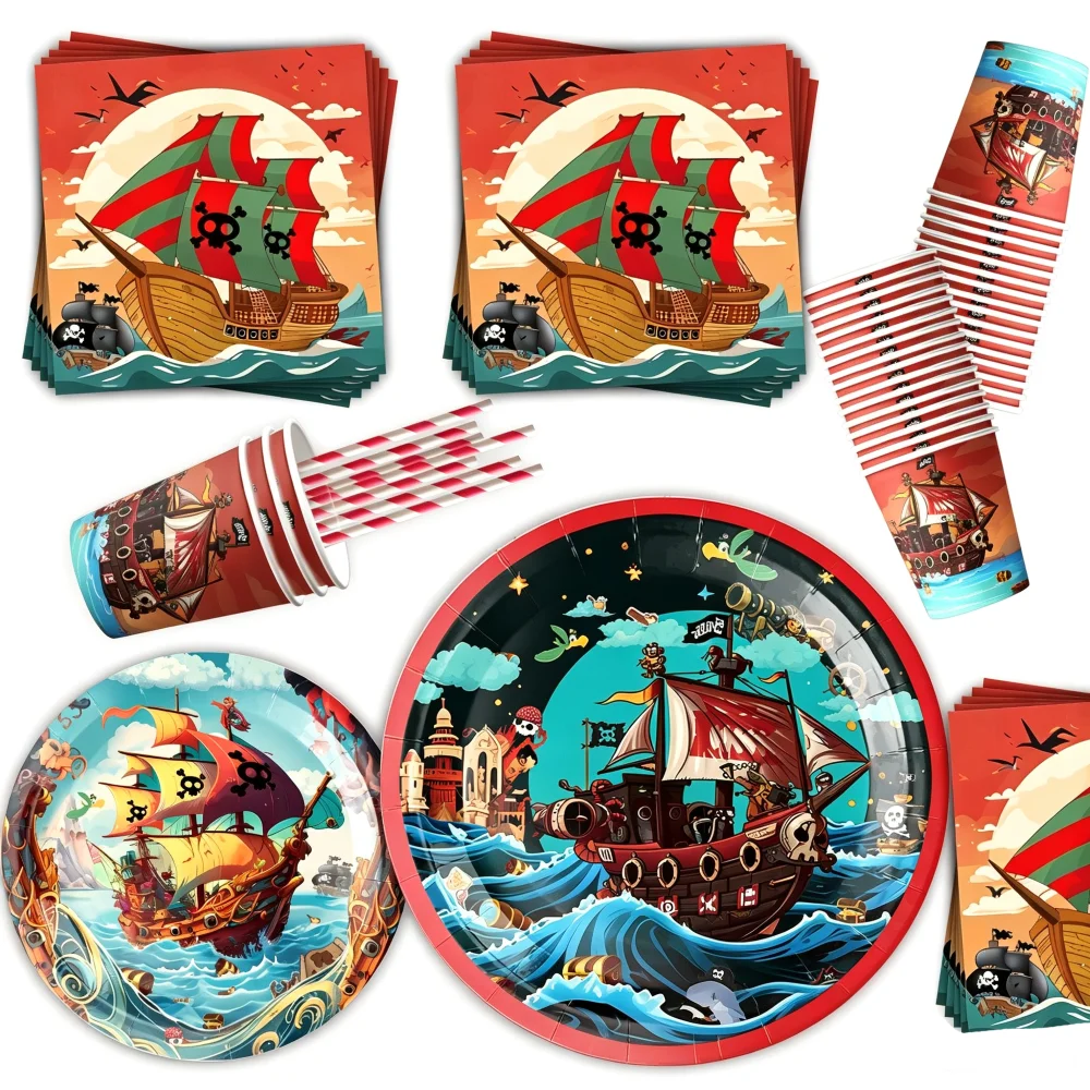 Pirate Themed Disposable Party Tableware Set Pirate Ship Treasure Hunt Adventure Party Decoration Supplies Baby Shower Supplie