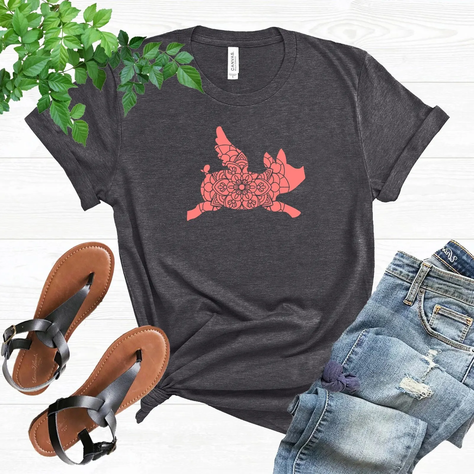 Flying Pig Mandala T Shirt With Wings Funny Animal Floral Zentangle Design Cute Lover