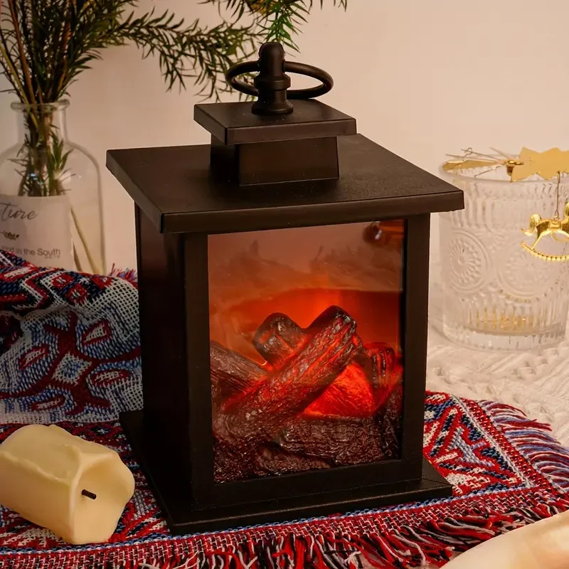 Portable Vintage LED Fireplace Lantern with Artificial Log and Moving Flame USB Battery Powered for Indoor Outdoor Decoration