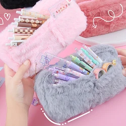 Borsa portapenne in peluche per ragazze cancelleria Kawaii grande capacità 3 tasche astuccio portapenne astuccio per cosmetici