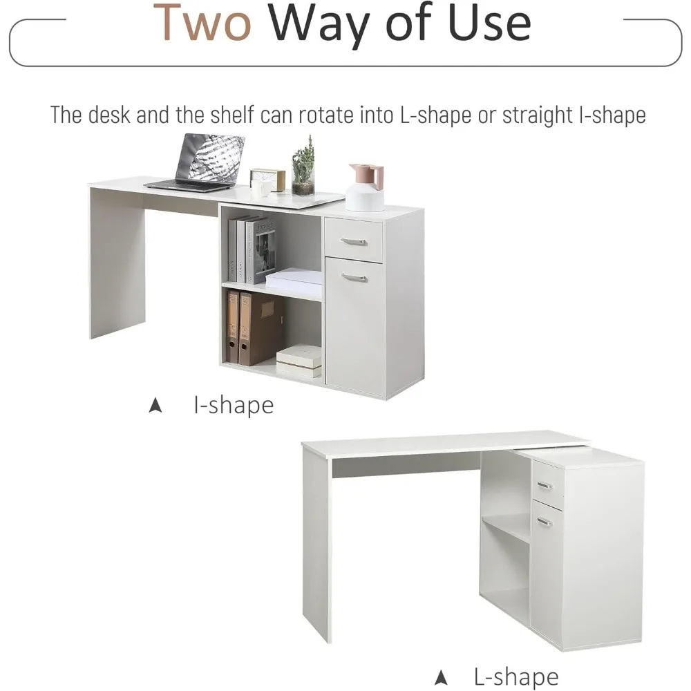 L Shaped Computer Desk, 180° Rotating Corner Desk with Storage Shelves, Drawer and Cabinet, Study Workstation for Home