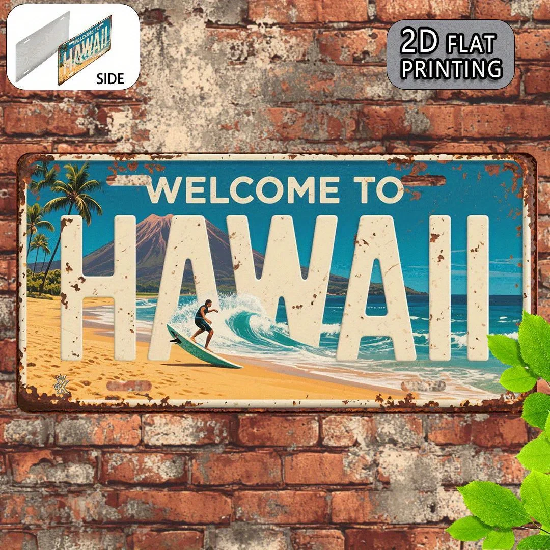 Welcome to Hawaii Beach Surfing License Plate Style 2D Flat Printing Metal Tin Sign, Tropical Paradise Travel Themed Decorative