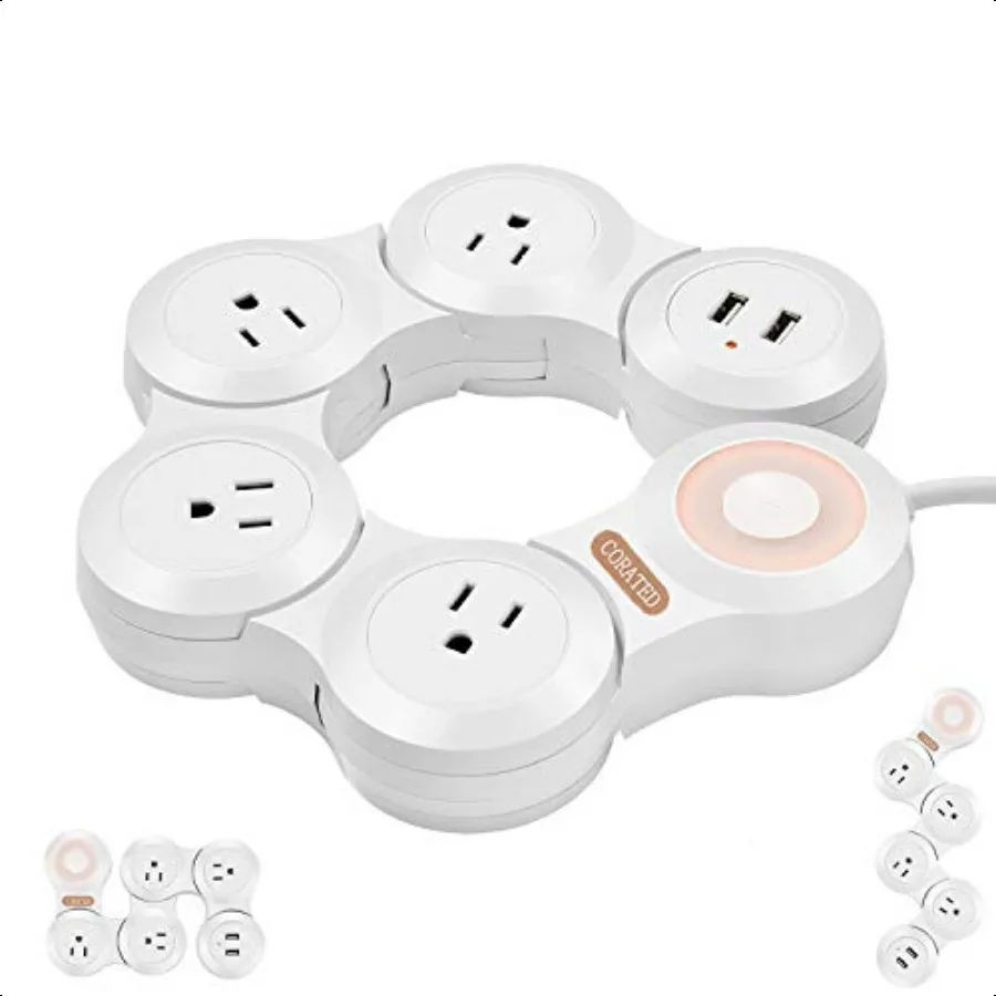 

CORATED Flexible Surge Protector Power Strip with 2 USB Ports and 4 Outlets for Home Office and Travel 9Ft Long Cord White