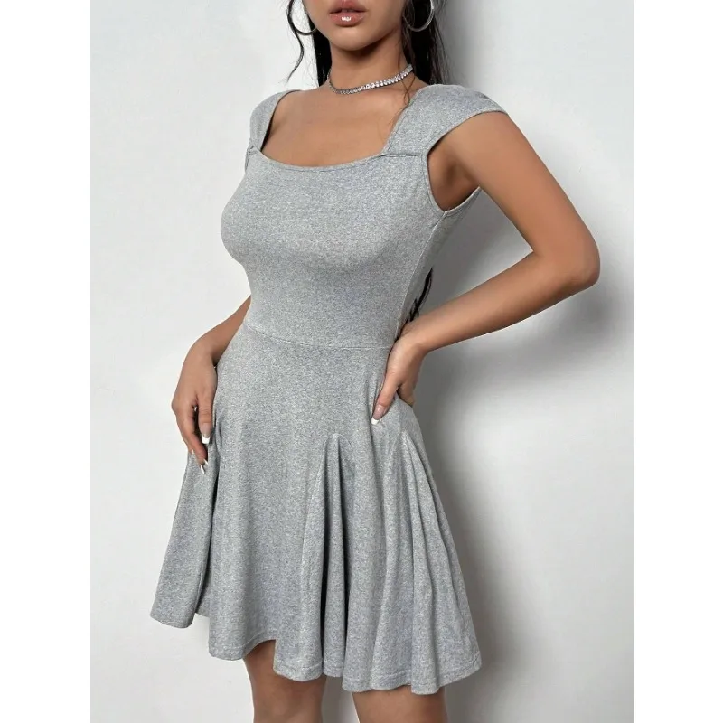 2024 New Summer Women's Sexy Spicy Girl Square Neck High Waist Knitted Dress Temperament INS Female Fashion Slim A-line Dresses