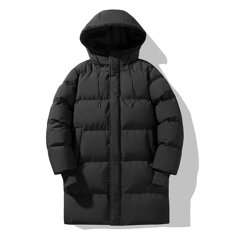 2024 winter long cotton-padded jacket, men's hooded thick warm tide brand loose thick coat, solid color casual simple bread suit