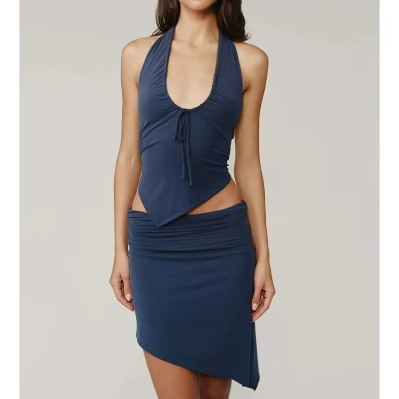 Women Navy Blue Halter Neck Two Piece Outfit Ruched Drawstring Asymmetrical Top and Short Skirt Set Female Dress Set