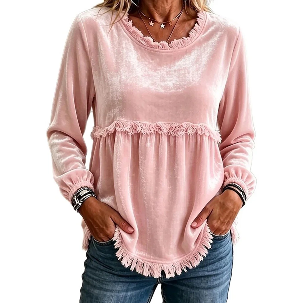 Women 1Slim Round Collar T-Shirt Solid Long Sleeve For Velvet Pullover Tops Blouse Casual Fashion Loose Lace Splicing Coat ﻿