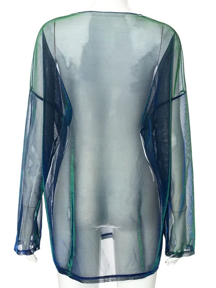 Solidna Prześwitująca Koszulka Damska Sexy Bluzki Dekolt O-Neck Długi Rękaw T-Shirt Damska Odzież Klubowa Y2k Estetyka Egirl Tees